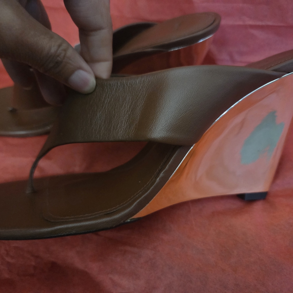 MNG Brown Leather Wedge Thong Sandals with Gold Heel  Accent